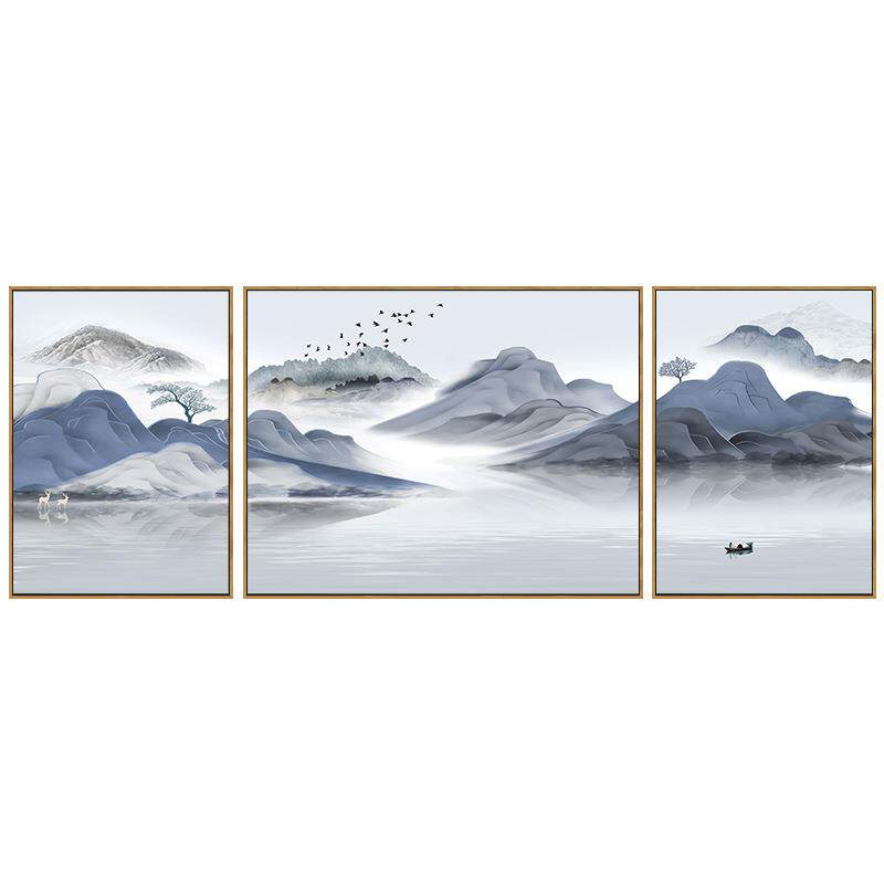 客厅装饰画水墨禅意山水画新中式沙发背景墙挂画现代简约三联壁画