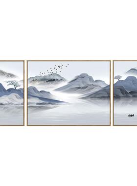 客厅装饰画水墨禅意山水画新中式沙发背景墙挂画现代简约三联壁画