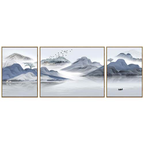 客厅装饰画水墨禅意山水画新中式沙发背景墙挂画现代简约三联壁画
