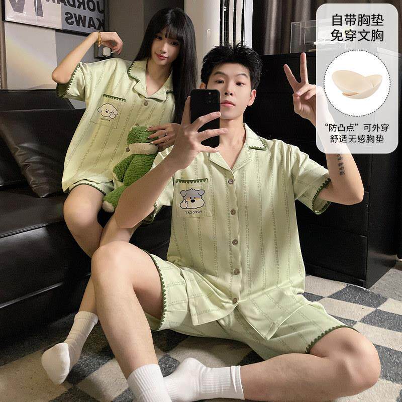 带胸垫情侣睡衣夏季一男一女2026新款网红风高颜值宽松家居服套装