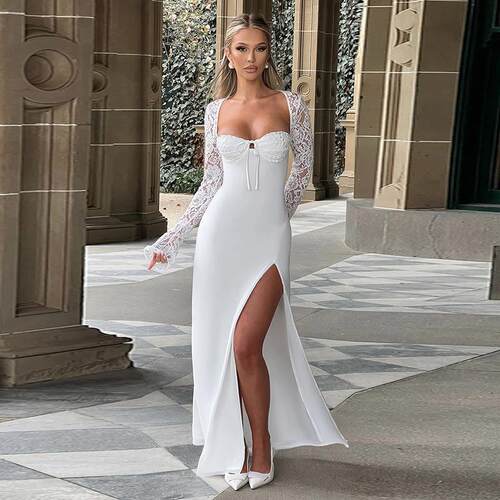 Women's lace long sleeved patchwork dress with slit design