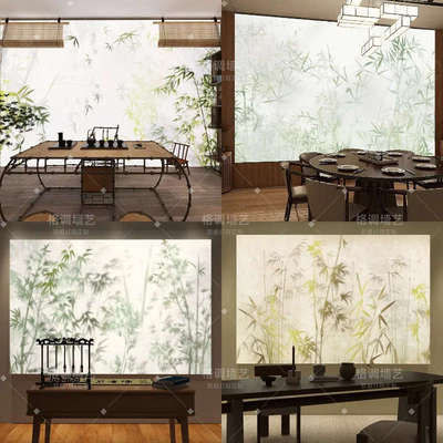 绿色植物竹影灯箱软膜天花吊顶叶子中式茶室饭店餐厅发光背景墙