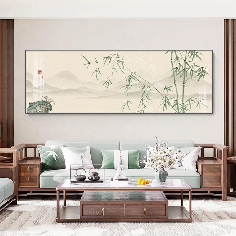 竹子客厅装饰画新中式水墨茶室壁画现代简约横版沙发背景墙挂画