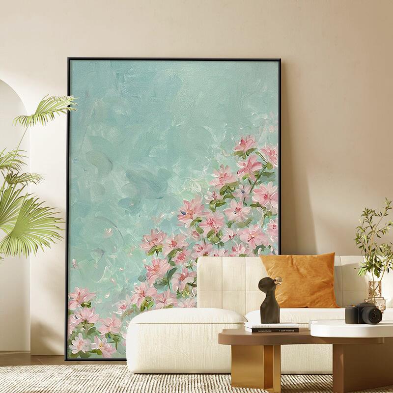 玄关粉色花卉手绘壁画客厅大幅抽象奶油风挂画餐厅丙烯肌理装饰画图片