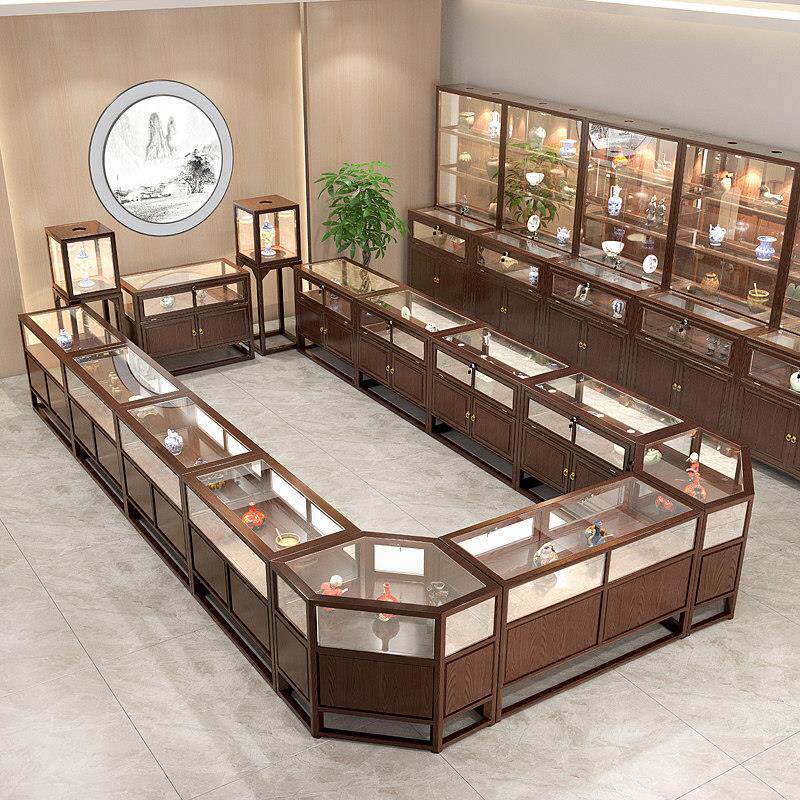中式实木古建筑寺庙文化产品博物馆展示柜珠宝石中医院玻璃展示柜