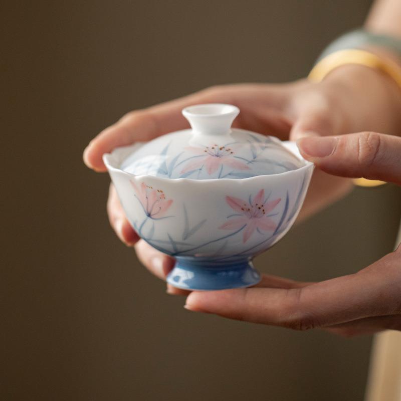 弥言便携式一壶三杯茶具套装手绘花口盖碗茶杯便携式旅行茶具收纳