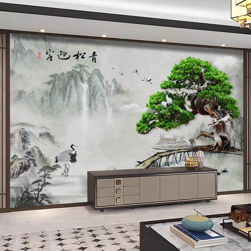 迎客松山水画风景竹木纤维集成墙板电视背景墙客厅沙发碳晶板墙板