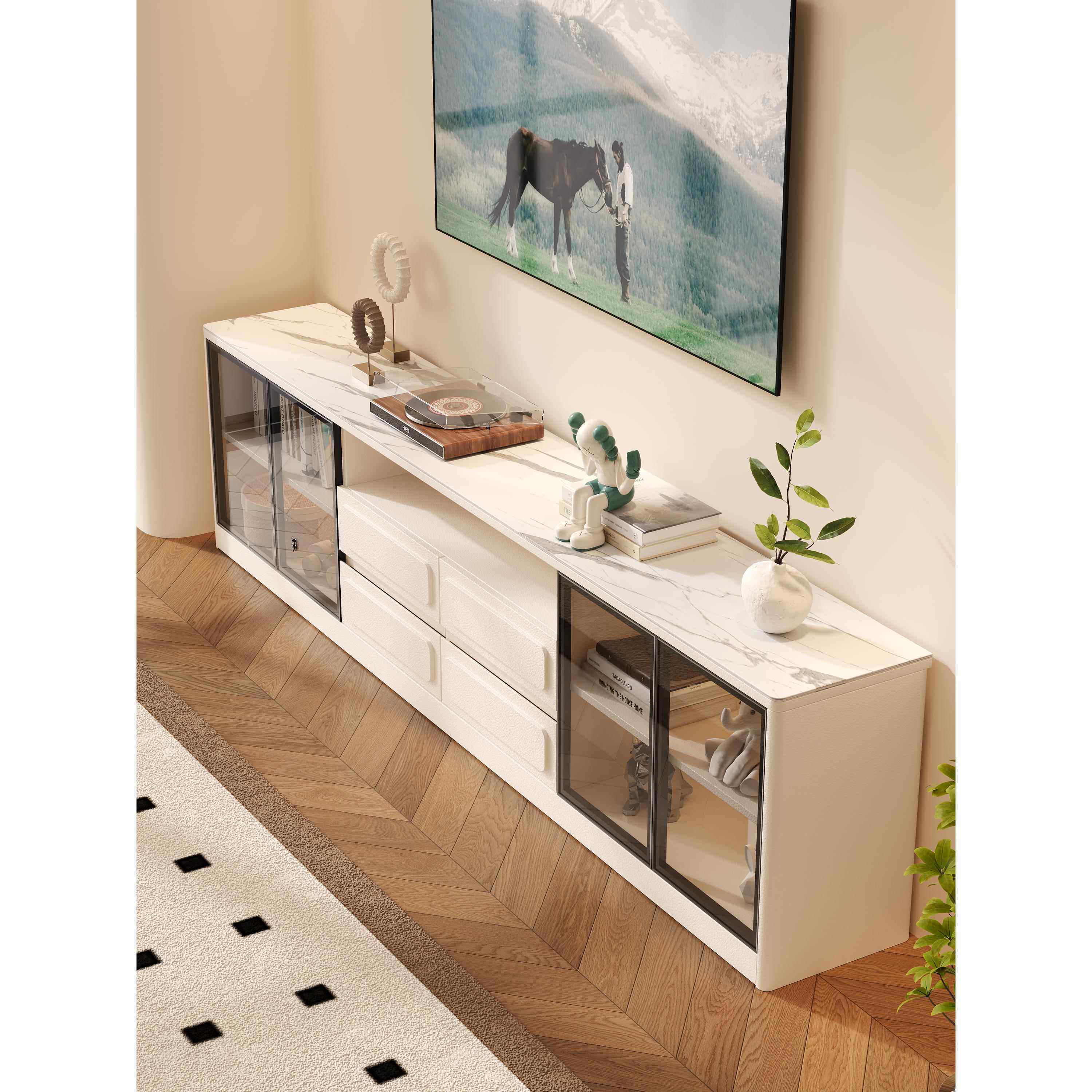 鹏音伴客厅落地新款电视 柜 奶油风电视机落地 柜 长条 柜 新款储物 柜 地 柜 矮 柜摆件饰品