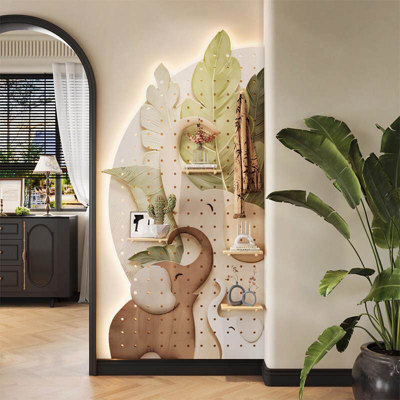 玄关入户洞洞板置物架定制实木墙面装饰挂板遮挡电表箱造型墙收纳