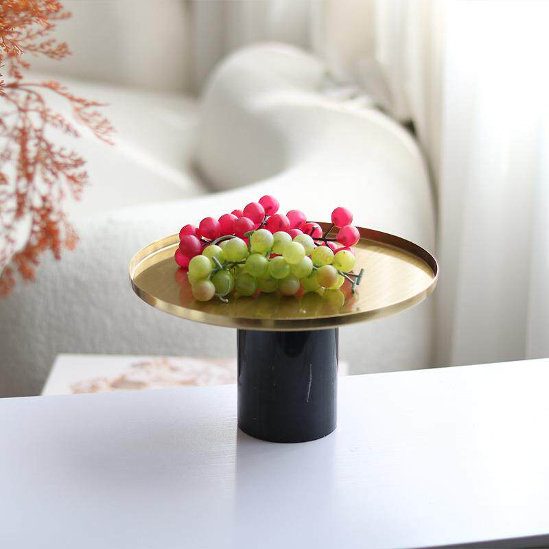 轻奢圆形大理石圆柱水果盘摆件样板间茶几餐桌面收纳托盘软装饰品