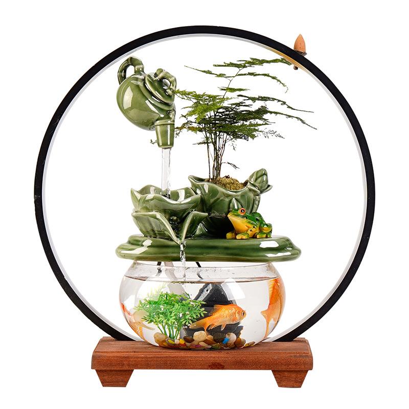 青瓷荷花循环流水摆件招财生财陶瓷客厅喷泉加湿鱼缸养鱼开业礼品