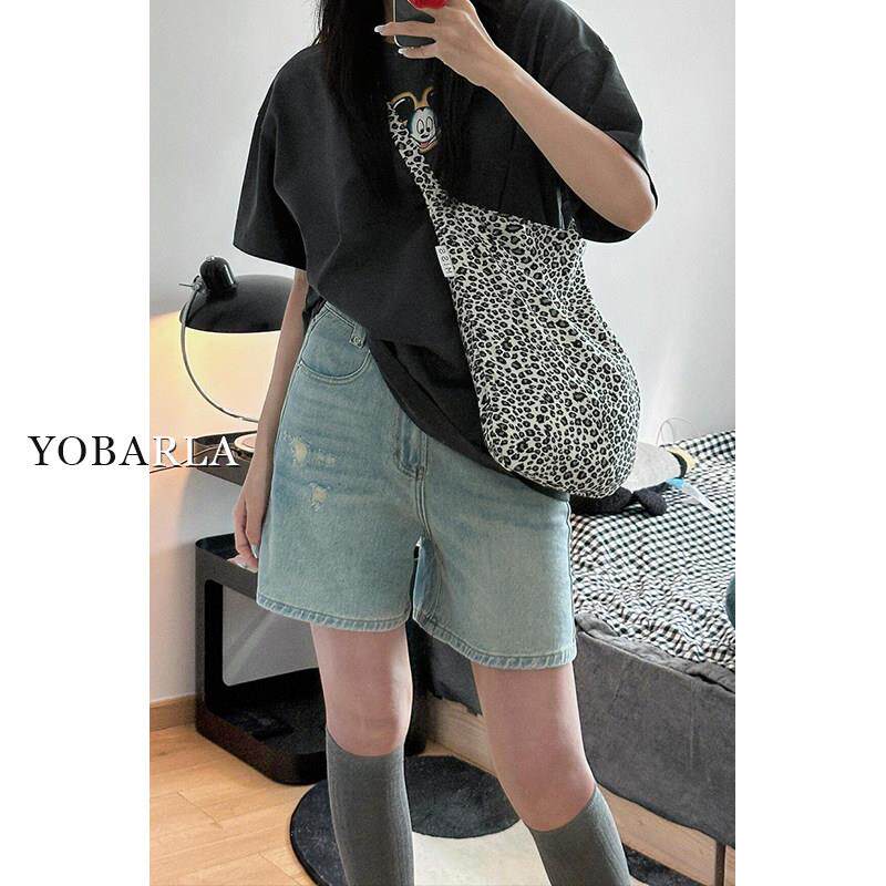 浅色破洞牛仔短裤女高腰夏季新款大码胖mm宽松显瘦梨形身材阔腿裤