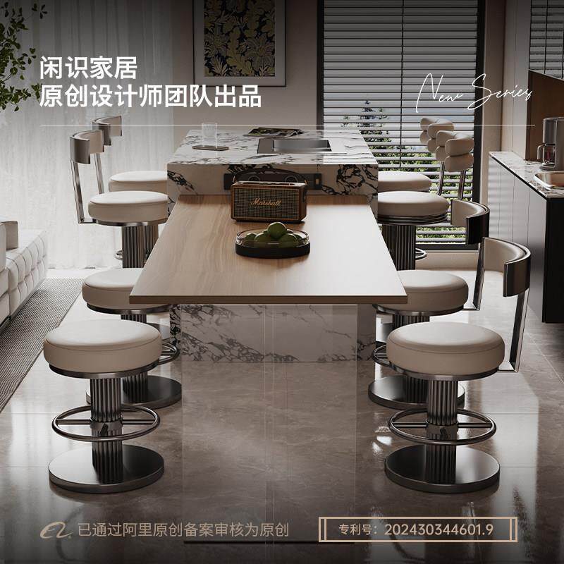 意式真皮吧台椅可升降旋转餐椅不锈钢轻奢高级感家用设计师高脚凳