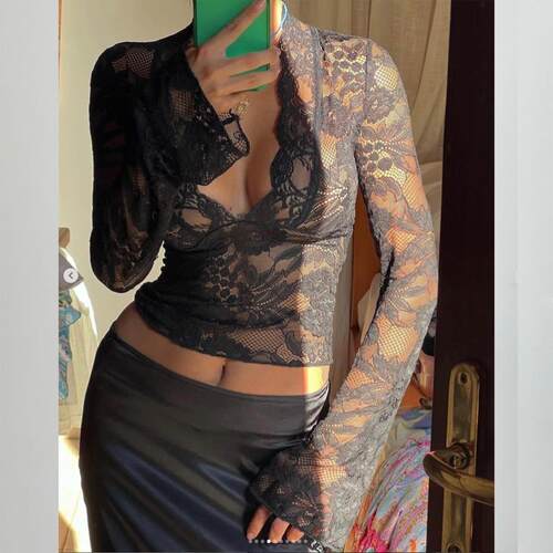 Black Sheer Floral Lace Long Sleeve Top V-Neck Form-Fitting