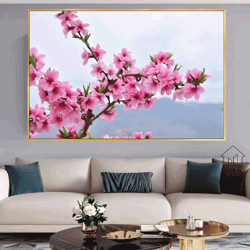 桃花挂画卧室床头装饰画旺桃花真实桃花运风水画客厅高档晶瓷画框