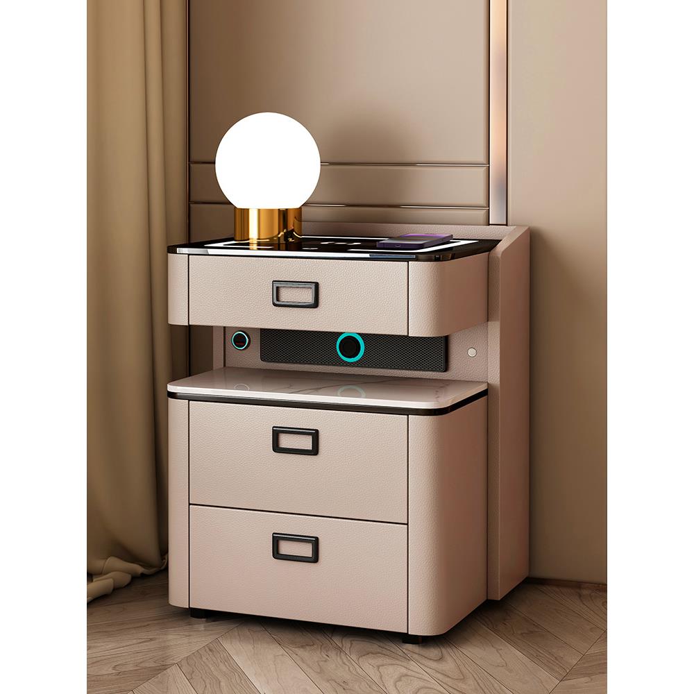 智能高级感床头柜家用卧室带灯多功能无线充电实木床边柜简约现代