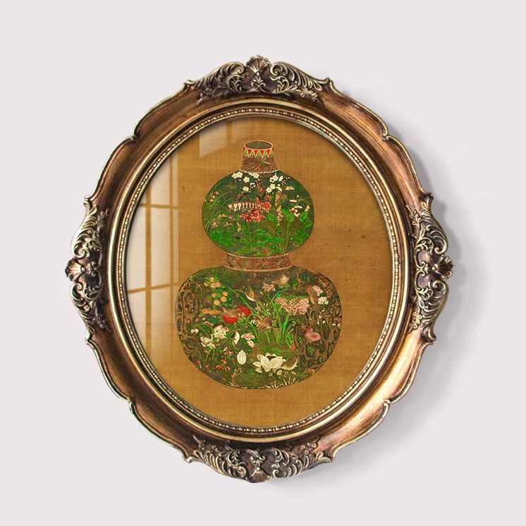 中式葫芦书房挂画椭圆形复古壁画欧式客厅玄关中古花瓶装饰画法式图片