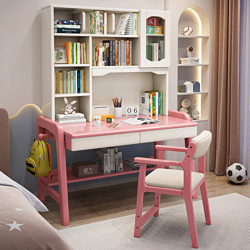 写字升降学习卧室电脑桌学生可家用实木一体儿童书桌书架桌办公桌