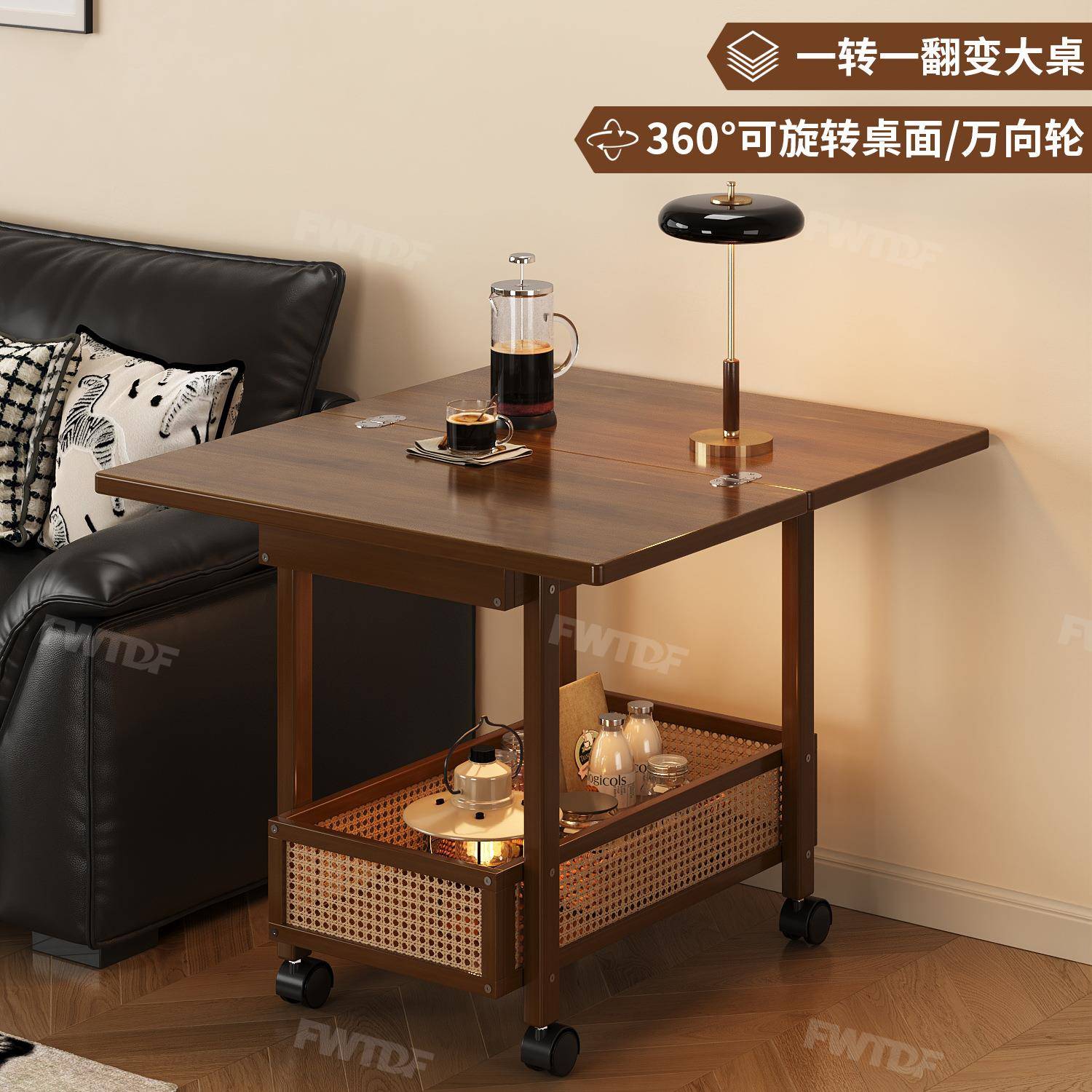 边几折叠茶几客厅沙发边柜家用小桌子中古风竹小户型推车竹藤