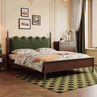 中古色风实木小床主卧双人1.8法米大床黑式 复古风UJE户型波浪软包