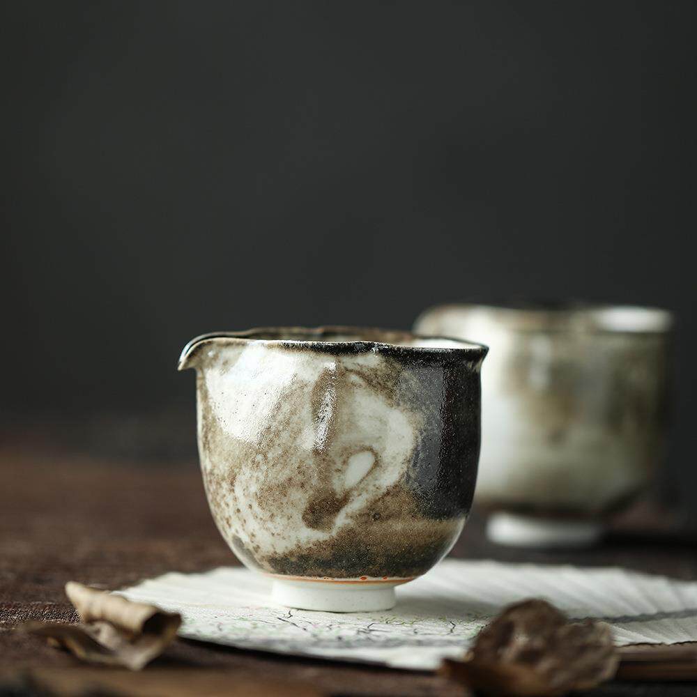 纯手工公道杯孤品日式粗陶复古水墨窑变公杯柴烧分茶器苏打烧陶瓷