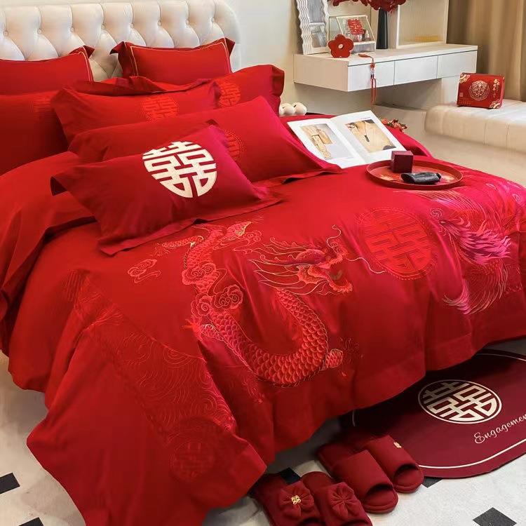 新中式龙凤刺绣婚庆四件套陪嫁红色纯棉六件被套新婚结婚床上用品