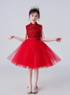 高档六一儿童红色大合舞儿唱团演出服女童蓬蓬纱裙幼园蹈舞台装公