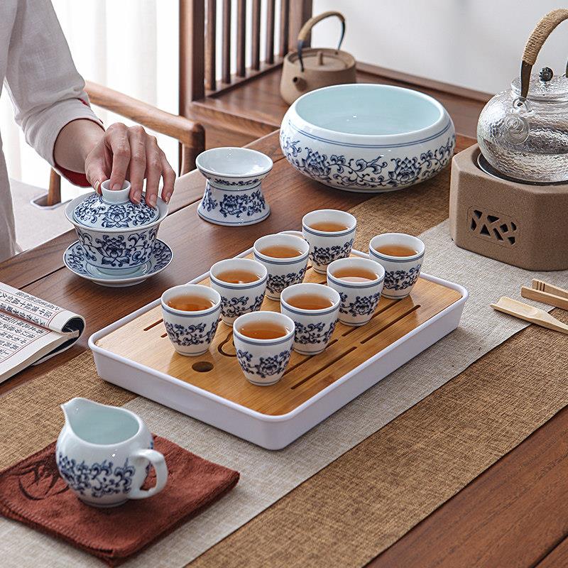 青花瓷功夫茶具套组中国风泡茶盖碗家用高档覆古式陶瓷茶楼冲茶杯