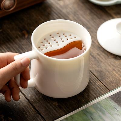 羊脂玉月牙杯过滤茶杯绿茶杯家用水杯大容量泡茶杯陶瓷白瓷办公杯