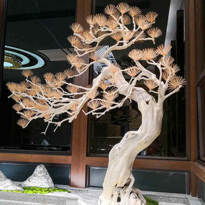 新中式高端刻迎客松树室内仿真绿植雕景装造橱tb-80581饰窗楼梯玄