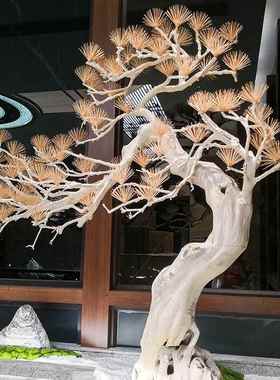 新中式高端刻迎客松树室内仿真绿植雕景装造橱tb-80581饰窗楼梯玄