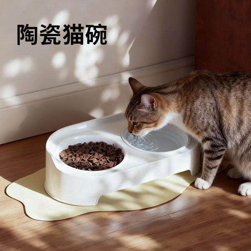 猫碗陶瓷宠物双碗猫咪喝水碗大口径猫粮食盆高脚狗狗饭盆狗碗用品