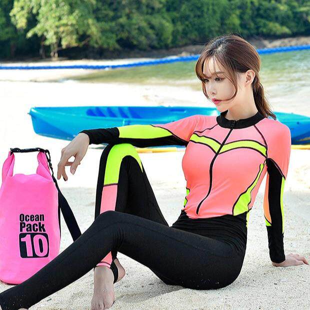 韩国新款连体泳衣泡温泉微胖遮肉长袖防水母防晒速干浮潜潜水服