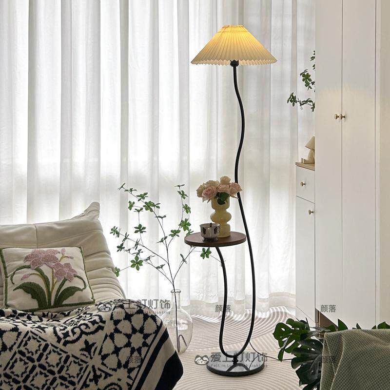 置物架一体落地灯客厅沙发旁边的覆古边几卧室床头柜百褶立式台灯