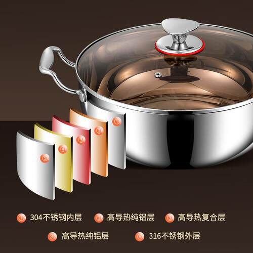 304不锈钢汤锅双耳电磁炉火锅清汤锅一体成型大容量商用鸳鸯锅