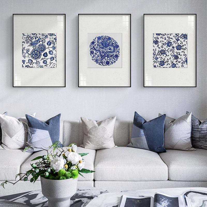 青花墨海新中式客厅三联装饰画蓝色青花瓷挂画中国风餐厅背景壁画图片