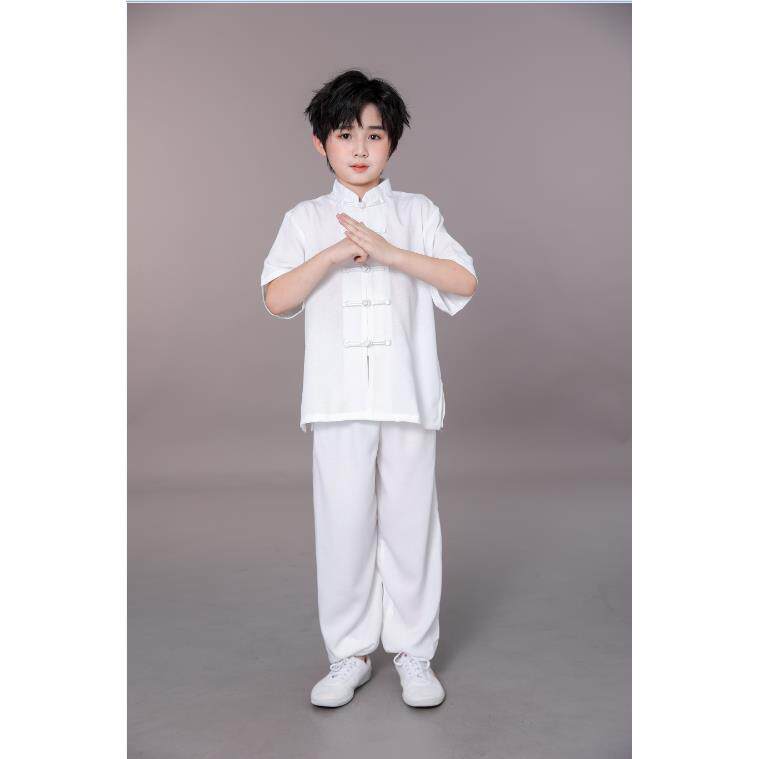 高档儿服童麻太极服粉色女演出服棉八段锦练功长短袖装男生武术表图片