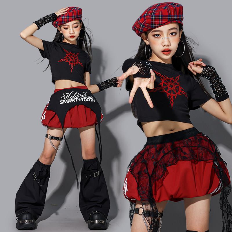 女童红色爵士舞演出服幼儿jazz套装儿童街舞服装女孩炸街走秀潮装