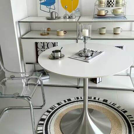 白色户外阳台甜品奶茶店岩板洽谈咖啡西餐厅饮品小吃休闲圆桌商用