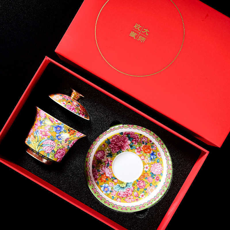 盖碗茶杯茶碗茶具宫廷风珐琅彩万花内龙鱼茶碗陶瓷白瓷功夫三才碗