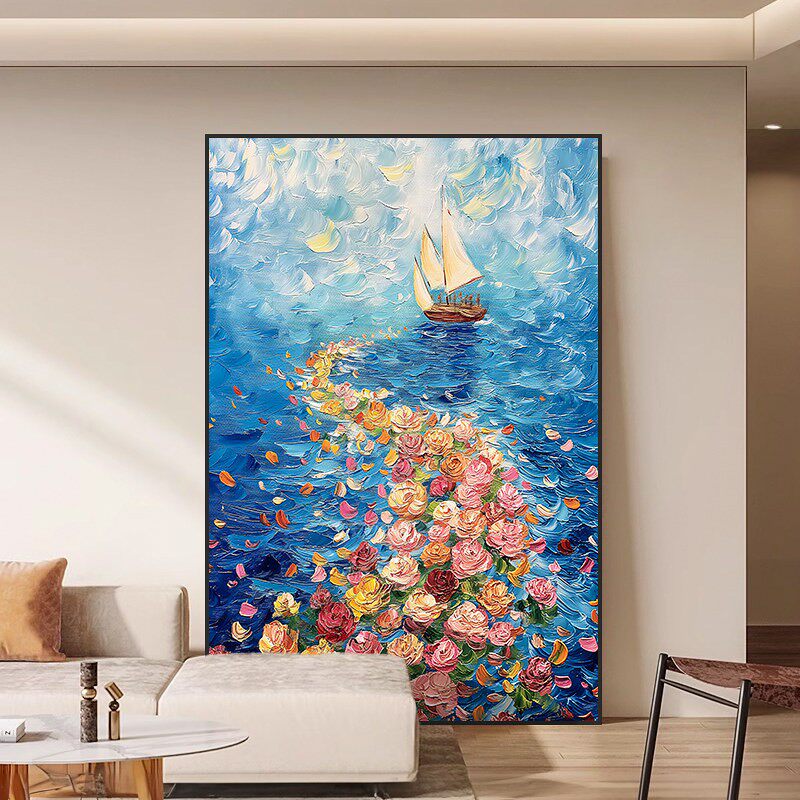 北欧花卉大海客厅装饰画沙发背景墙落地挂画肌理一帆风顺玄关壁画