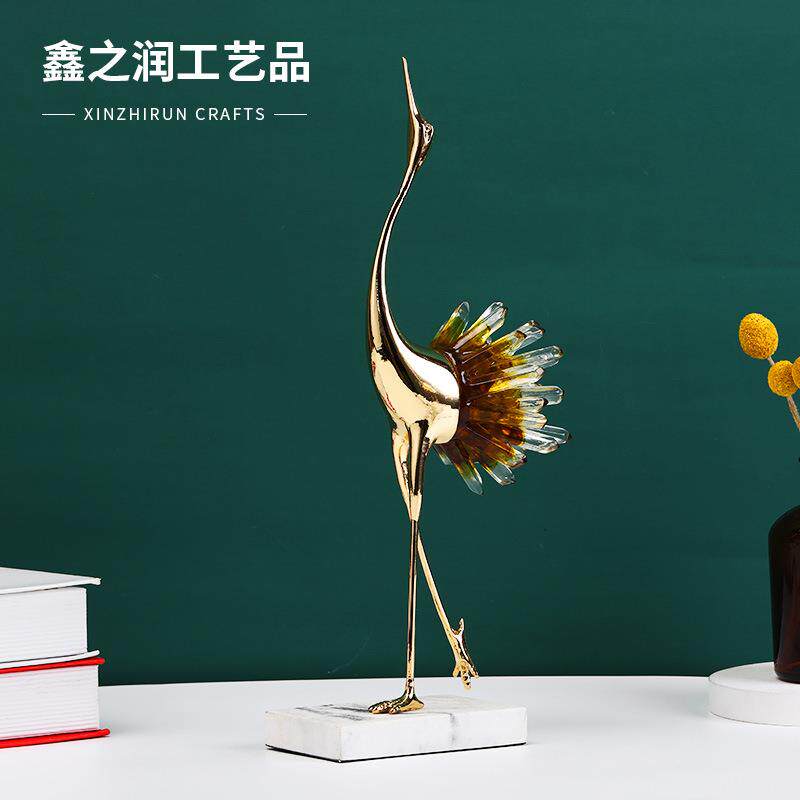 新中式软装家居客厅电视柜轻奢透明水晶仙鹤摆件金属工艺品包邮