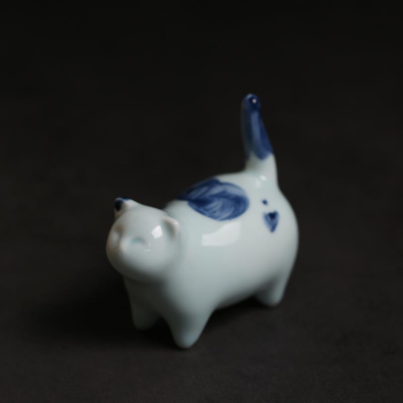 高档汝窑萌小猫小可爱茶宠可养摆设陶瓷件纸摆镇开片笔猫架笔搁送