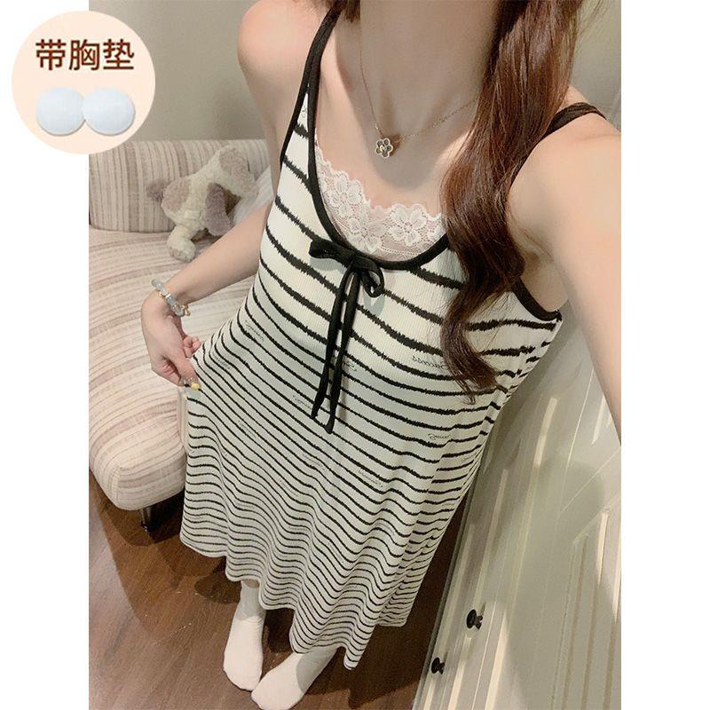 条纹吊带睡裙少女夏季新款莫代尔蕾丝花边中长款带胸垫睡衣家居裙