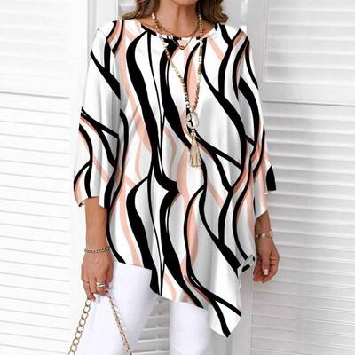 New Abstract Print Plus Size Women's Loose Fit Casual Top
