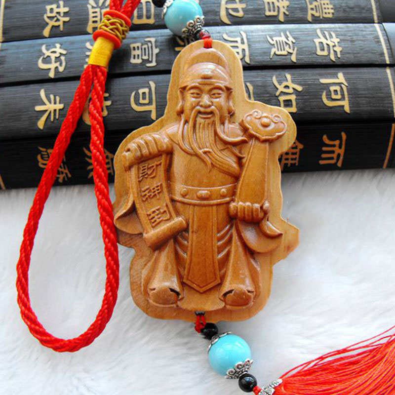 桃木财神爷文财神车挂汽车挂饰后视镜红棕绳木质挂件饰品福禄财神