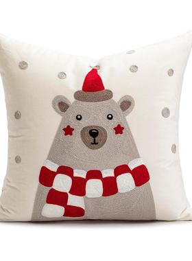 正品圣诞n节抱枕靠垫客厅沙发床头枕靠套is装刺绣饰红色小熊灯笼h