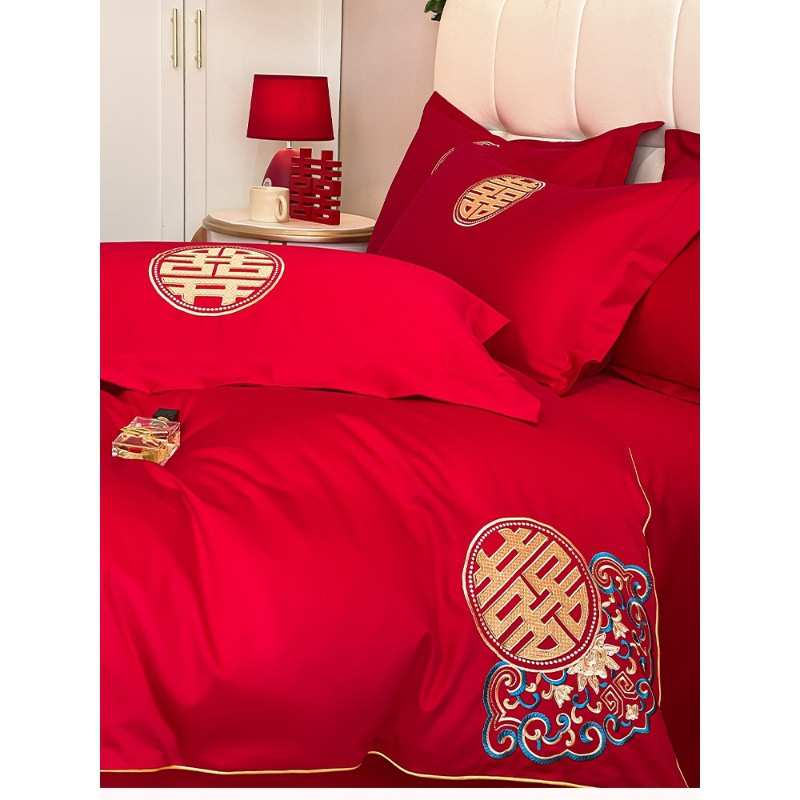 新婚庆四件套大红刺绣结婚房床上用品六十件套喜婚被中式四件套