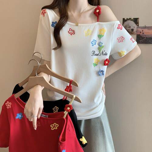Flower embroidery printed off shoulder short sleeved