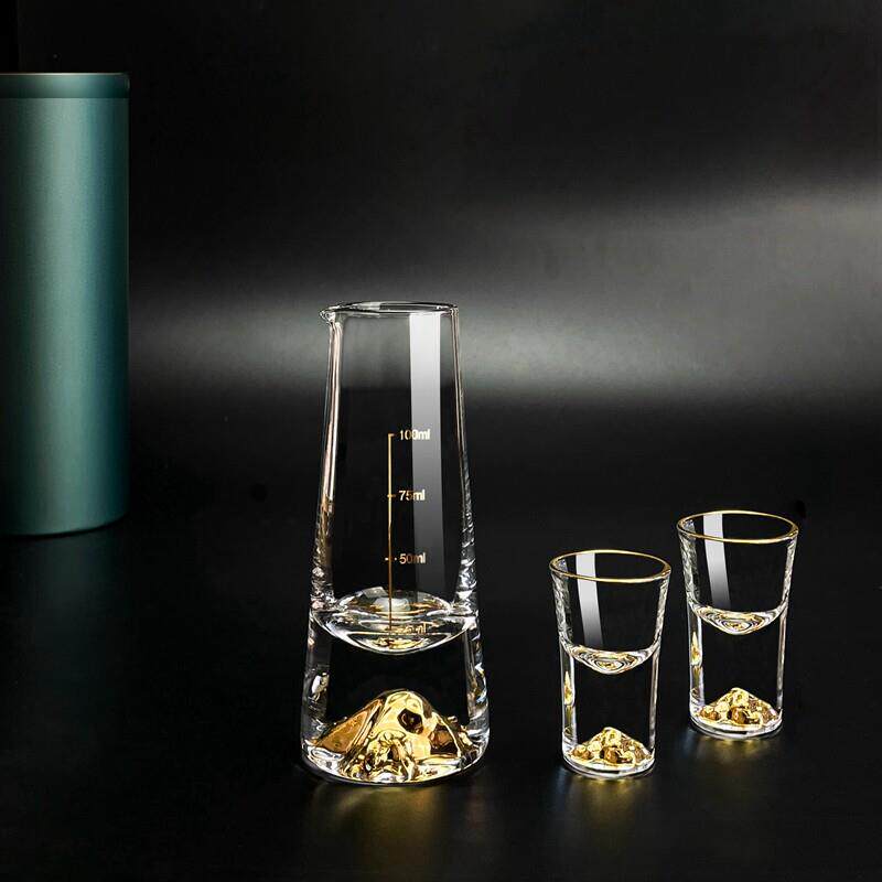 金边白酒杯套装金山分酒器家用蓝色冰山水晶玻璃10毫升一口杯子弹